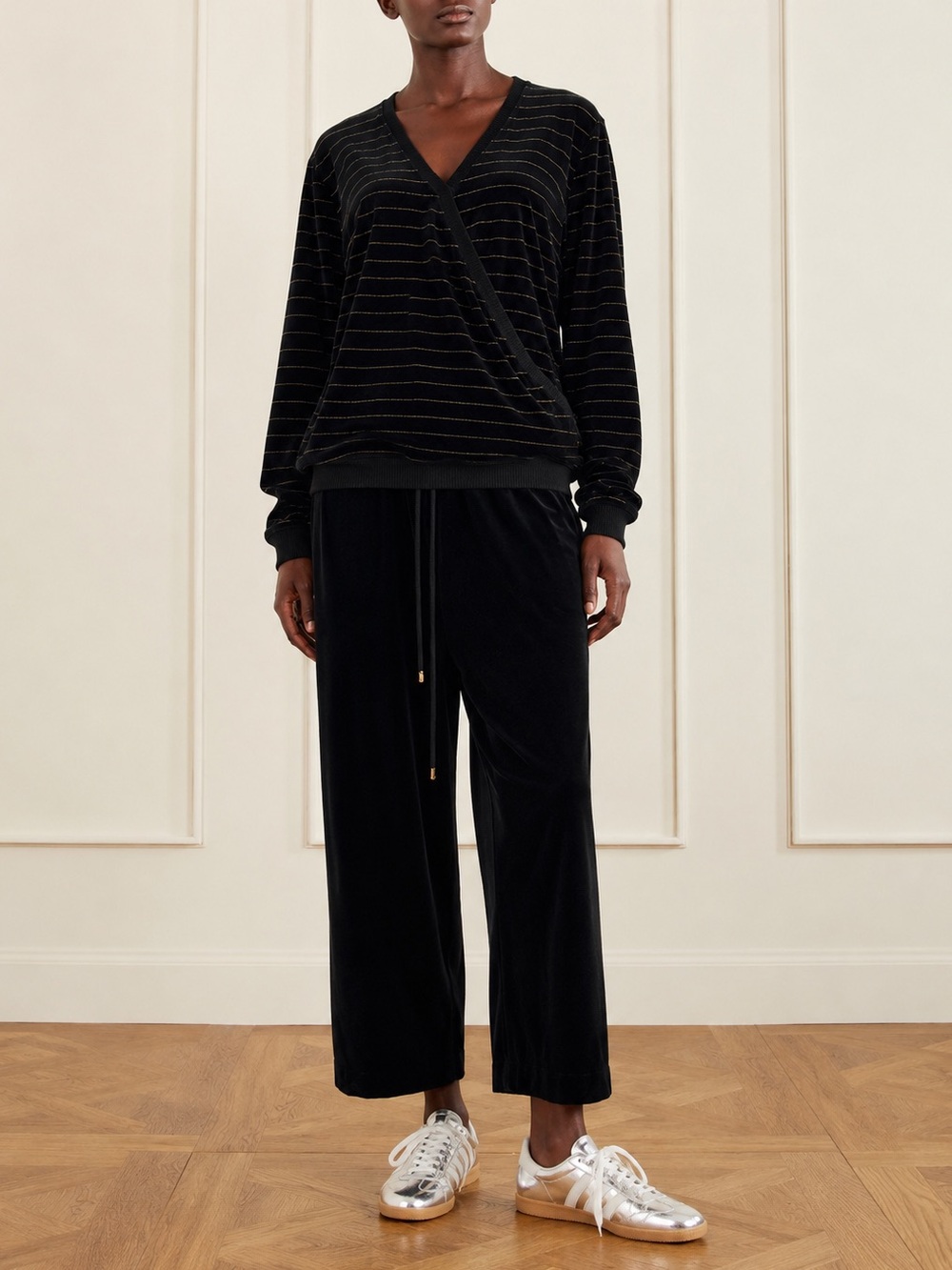 Sonia Rykiel Paris Velour Lounge Two Piece Set Gold Stripe Black France VTG XXL